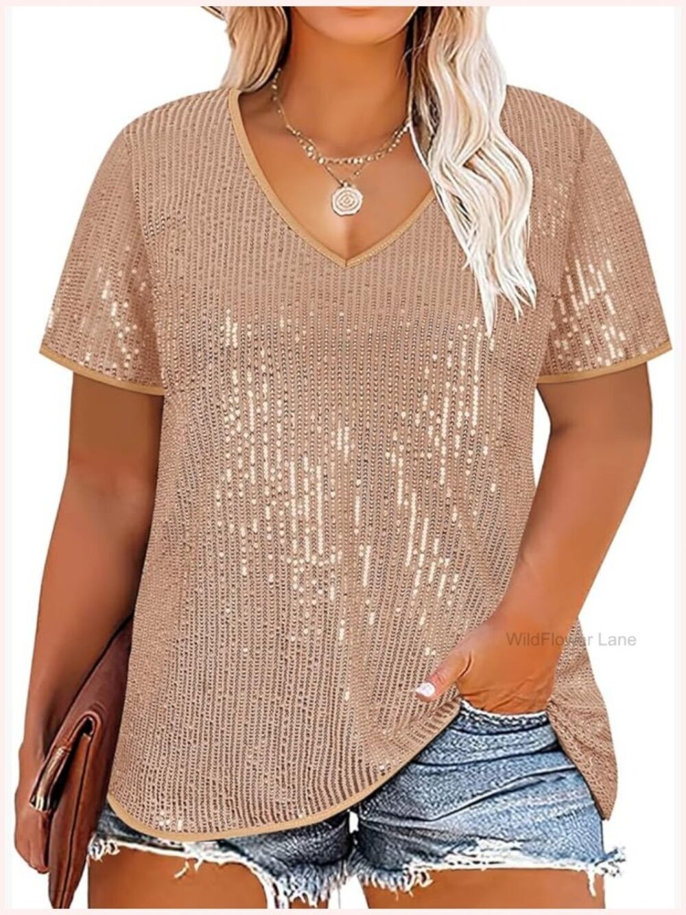Plus Size Sequin Top Short Sleeve V Neck Party Blouse Sparkle Shirt